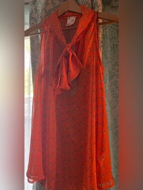 Flowy Size Lrg Orange Jella Couture Top w/ Neck Tie, Open Back, & Bird Motif